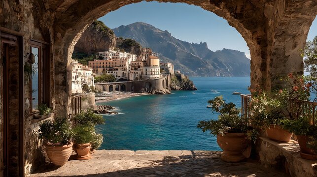 Stone archway balcony offers a view overlooking the Amalfi Coast with deep blue sea, cliffside village and potted plants in the sun.