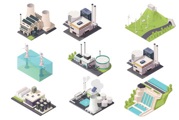 Obraz premium Isometric industrial buildings and renewable energy infrastructure icons set