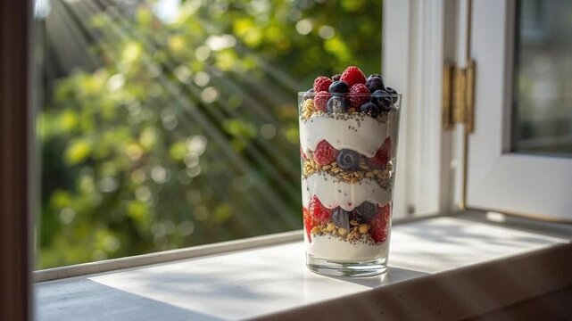 Lactose-free yogurt parfait  on a sunny windowsill in the morning light