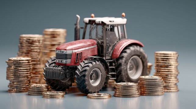 Red tractor among stacks of coin indicating agriculture insurance financing and farm loan protection for crop and equipment investment.