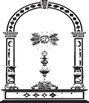 Intricate masonic or freemason ritualistic symbolism depicted in an ornate arch design