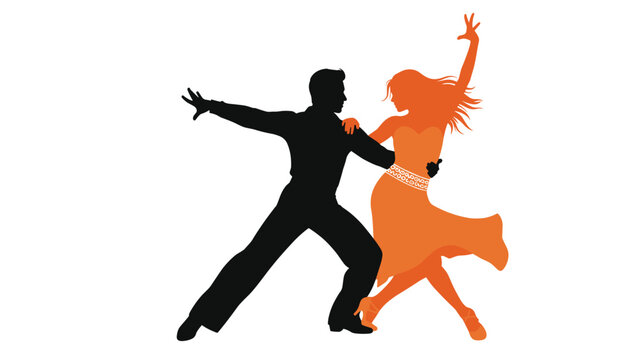 Silhouettes of a couple elegantly dancing with the woman wearing a vibrant orange dress against a plain white background.