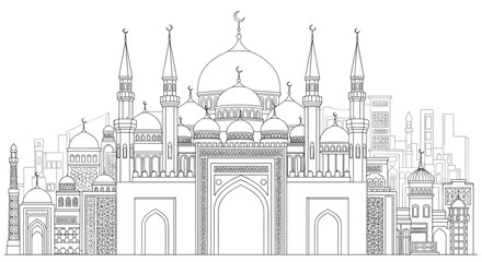 Islamic Mosque Architecture with Domes and Minarets. © Z Z K V V C Art