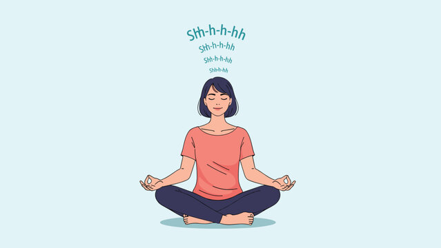Young woman sitting in a lotus position practicing mindfulness meditation with shushing sounds above her head.