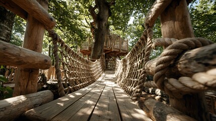 Wooden obstacle course bridge stands in a children's playground with sunlight dappled through leaves highlighting natural materials.