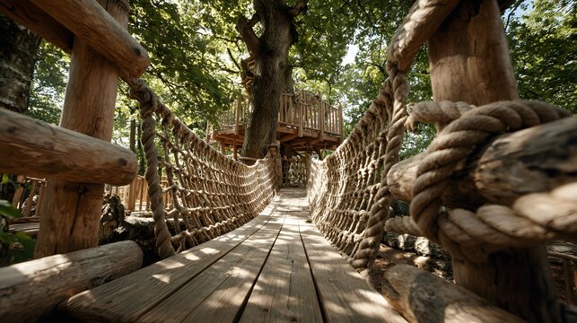 Wooden obstacle course bridge stands in a children's playground with sunlight dappled through leaves highlighting natural materials.