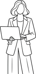 Line drawing of a businesswoman holding and using a laptop computer
