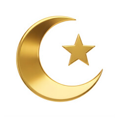 A golden crescent moon and star symbol on a white background