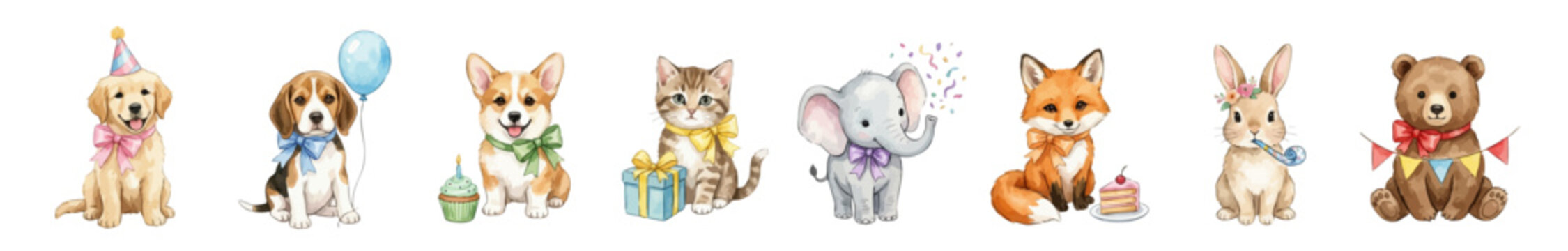 Birthday watercolor animals: dog, cat, fox, rabbit, bear, elephant. Collection of Vector illustrations. Perfect for invitation, card, poster, banner, decoration