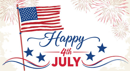 Obraz premium Happy 4th of July greeting card with American flag and fireworks, isolated on beige background