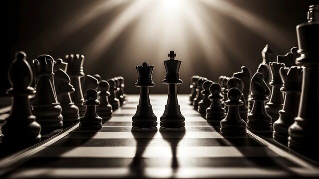 Dramatic, low-angle, sepia-toned photograph of dark chess pieces with the king and queen prominently centered under bright spotlights.