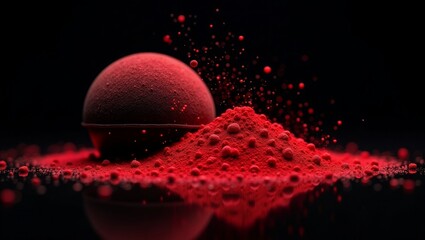 Crimson powder sphere exploding vibrant particles explosion