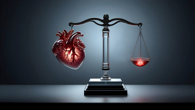A symbolic representation of human emotion and value depicted by a glowing anatomical heart balanced against a small glowing weight on a dark scale.