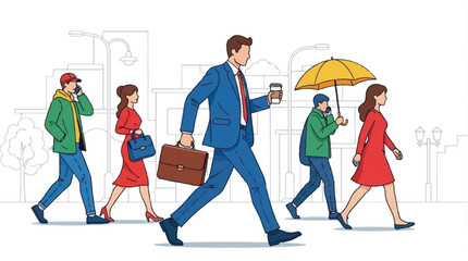people walking on city street with briefcase and umbrella