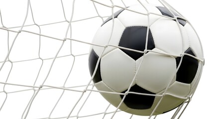 Naklejka premium Standard Soccer Ball About to Enter White Goal Net Frame with White and Black Pentagonal Panels