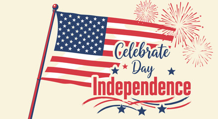 Obraz premium American Independence Day celebration icon with flag, fireworks and text. Vector illustration for 4th of July, USA national holiday. Created in colorful style with red, white and blue palette.
