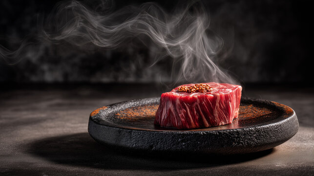 Premium Korean Hanwoo beef steak presented on rustic stone plate with dramatic steam, authentic gourmet wagyu omakase course with sea salt and pepper, high-end culinary art for luxury dining.