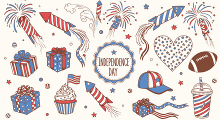 Naklejka premium Patriotic icon collection. Includes fireworks, gifts, cupcakes, American flag, heart, football, baseball cap, and stars. Created in colorful style with red, white, and blue palette.