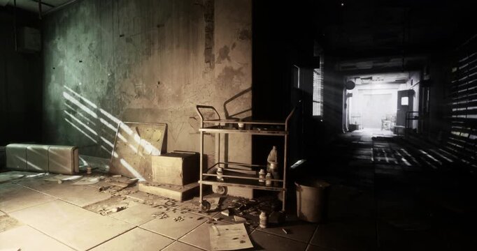 Dust and clutter fill an eerie corridor illuminated by slanting light. Old furniture and remnants hint at a once busy space, now left in disrepair and silence.
