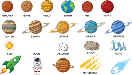 Solar System Vector Set Featuring Planets, Sun, Moon, Asteroids, Comets, Rocket, Astronaut, and Space Objects for Astronomy Designs © MdMunzurul