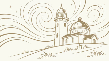 sepia illustration of lighthouse on hill with grass and swirling lines