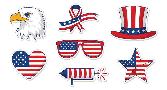 Patriotic icon collection. Includes American flag symbols, eagle, hat, sunglasses, heart, firework, star. Created in flat style with red, white, and blue palette