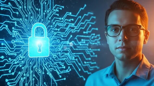 A serious-looking man poses in front of an illuminated circuit board, embodying the principles of data security and technological protection; the scene exudes an aura of vigilance.