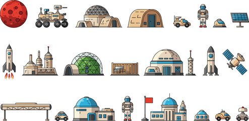Space Colony Base Illustration Set Featuring Mars Habitat Buildings, Astronauts, Rovers, Rockets, and Futuristic Space Structures © MdMunzurul