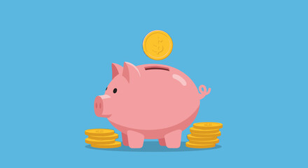 Pink Piggy Bank with Coins Nearby.