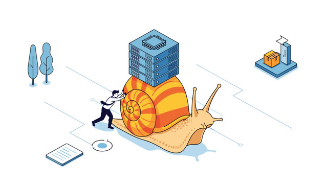 Slow data processing and server performance illustrated by a man pushing a giant snail carrying a stack of computer network servers.