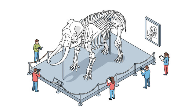 Educational visit to a natural history museum where students and photographers examine a large mammoth skeleton on a display platform.