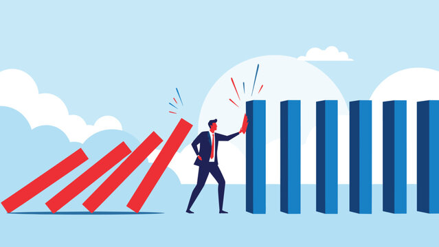 Business crisis management with a determined professional stopping a falling row of dominoes to prevent a total company collapse.