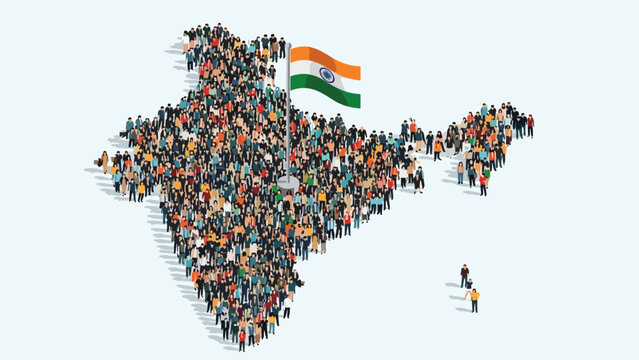 Population of India and national pride shown by a massive crowd of people forming the geographic shape of the country with the flag.