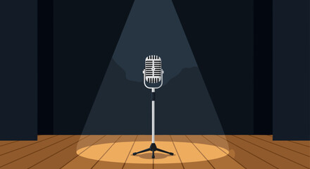 Vintage Microphone on Stand Spotlight Stage.