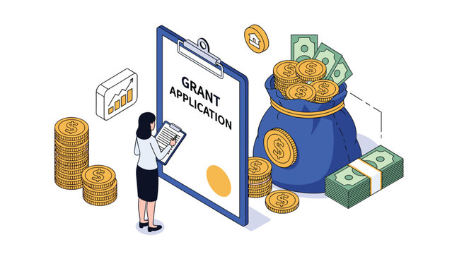 Businesswoman filling out a grant application form next to a large bag of money and stacks of gold coins for financial funding.