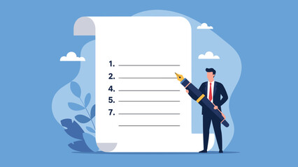 Professional businessman holding a giant pen and standing next to a long paper scroll with a numbered checklist of tasks.