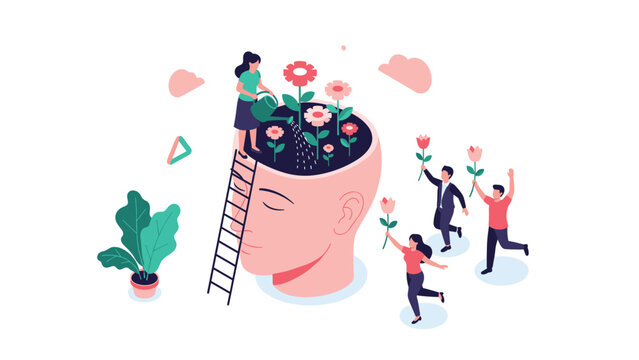 Woman on a ladder watering flowers growing inside a large human head while others celebrate with colorful blossoms in their hands.