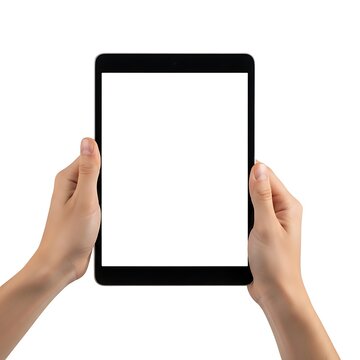 A person holding a tablet with a blank screen