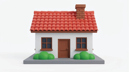 Small white house with red tiled roof and brown door and windows on gray base with green bushes