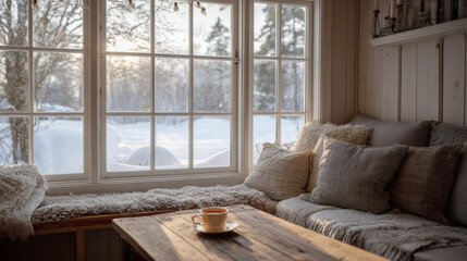 Cozy Cabin Interior with Large Windows Overlooking a Snowy Winter Forest Landscape at Sunset and a Warm Cup of Tea on a Rustic Wooden Table with Soft Pillows and Blankets for a Relaxing Atmosphere