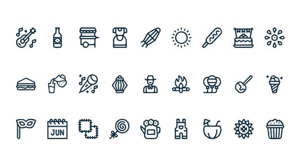 Summer vacation icons set with food drink music and activities