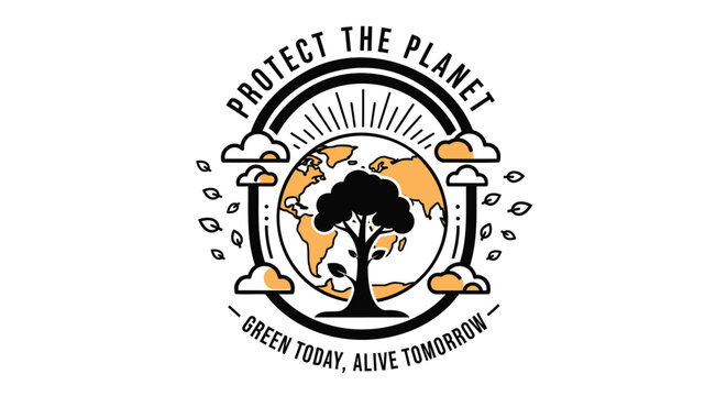 Environmental protection logo, Protect the Planet emblem. Includes eco friendly, green today, alive tomorrow symbols. Created in vintage style with black, orange, and white palette.
