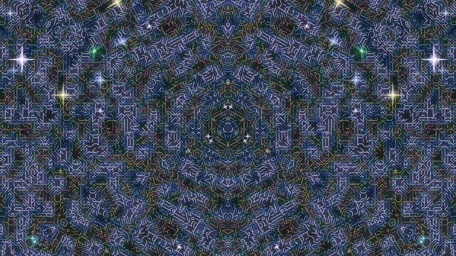 Intricate patterns dance symmetrically around a central axis in a kaleidoscope design