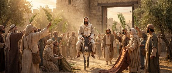 Naklejka premium Scena biblijna - wjazd Jezusa do Jerozolimy. Jezus na małym, szarym osiołku wjeżdżający przez bramę miejską, wokół niego tłum z gałązkami palmowymi