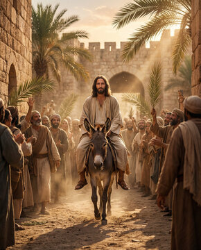 Biblical scene - Jesus' entry into Jerusalem. Jesus rides a small, gray donkey through the city gate, surrounded by a crowd of palm branches.