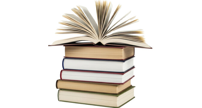 Stack of Hardcover Books with One Open on Top