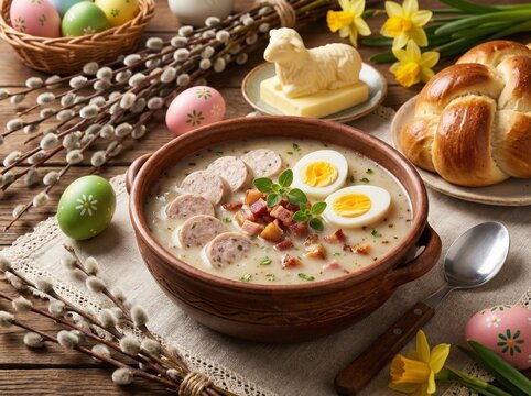 Żurek z białą kiełbasą i jajkiem. Polskie, tradycyjne danie wielkanocne. śniadanie wielkanocne