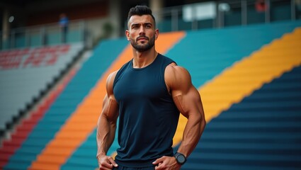 Athletic man with chiseled facial features and muscular build standing confidently on colorful stadium steps wearing dark blue sleeveless shirt and fitness watch exuding strength