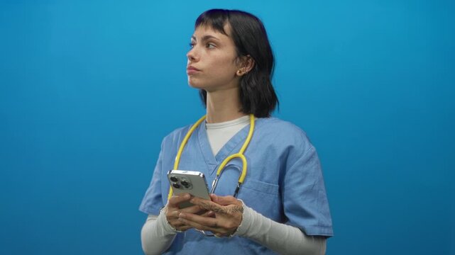 Woman nurse in blue scrubs holds smartphone with tattooed hands in studio; care dedication compassion.