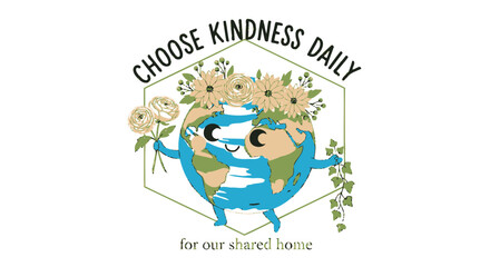Fototapeta premium Kindness daily vector illustration, Choose Kindness Daily logo with earth character and flowers, eco friendly symbol.
